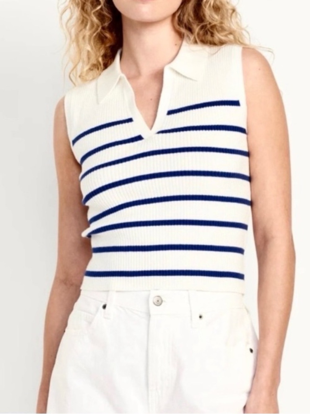 Old Navy Women’s White Striped Sleeveless Rib-Knit Crop Polo Sweater